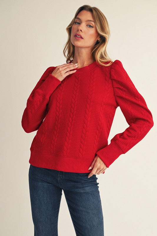 Puff Shoulder Textured Fabric Casual Top