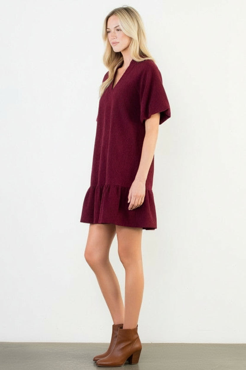 THML Puff Sleeve Corduroy V-neck Dress
