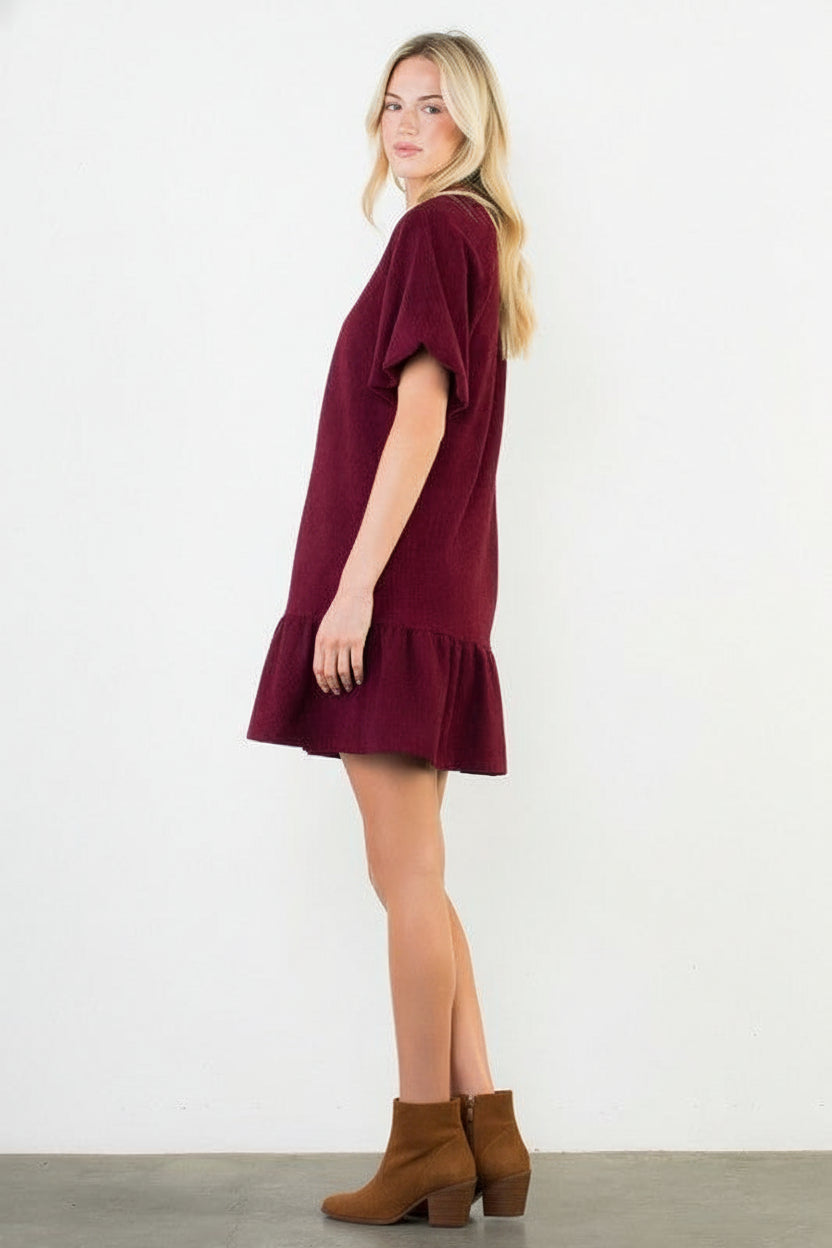 THML Puff Sleeve Corduroy V-neck Dress