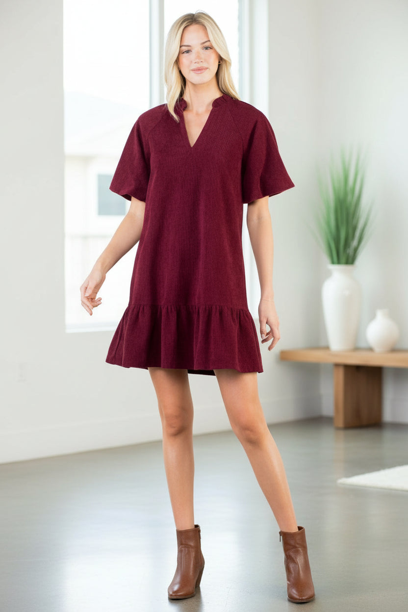 THML Puff Sleeve Corduroy V-neck Dress