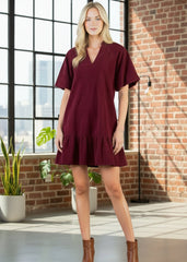 THML Puff Sleeve Corduroy V-neck Dress