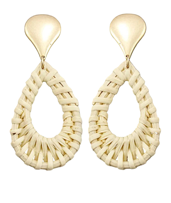 Pair of teardrop-shaped earrings with woven design and gold hooks on a gray background