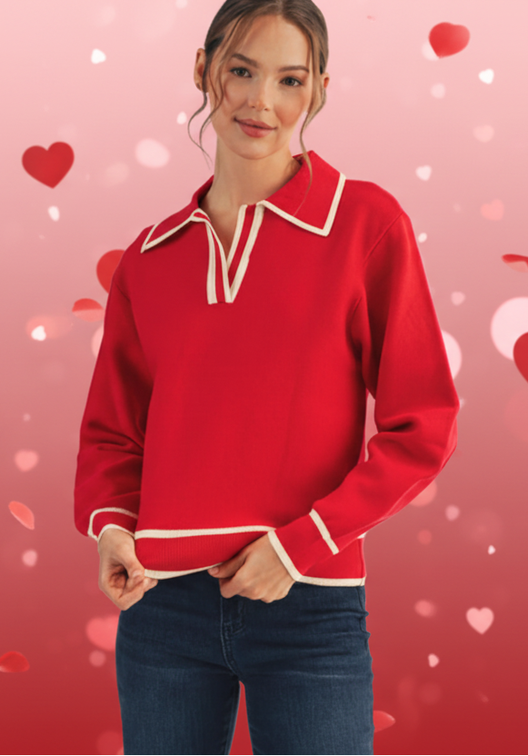 Red Collared Sweater Top