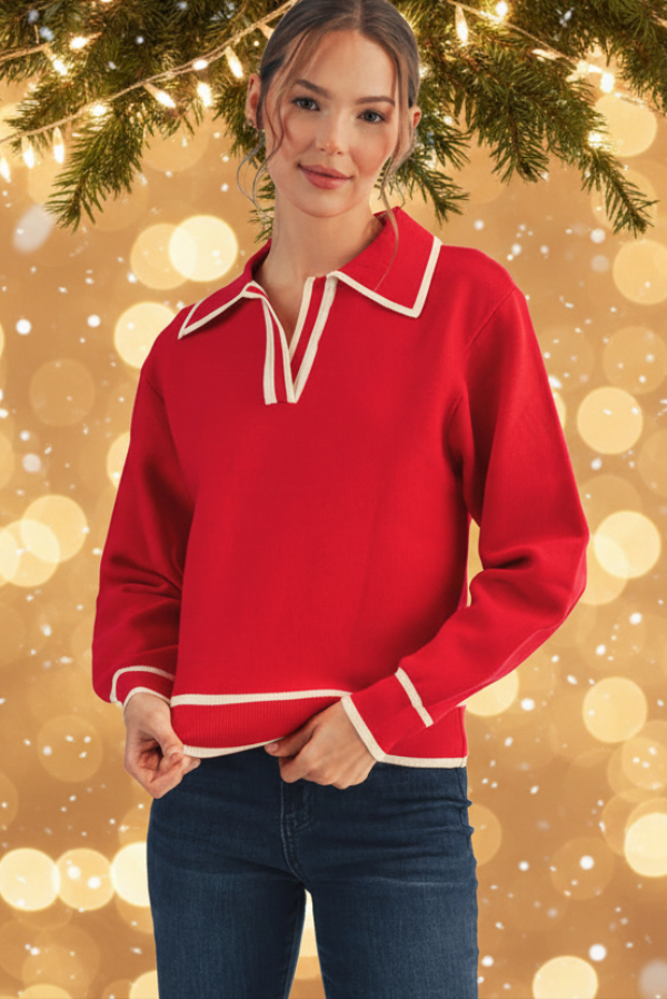 Red Collared Sweater Top