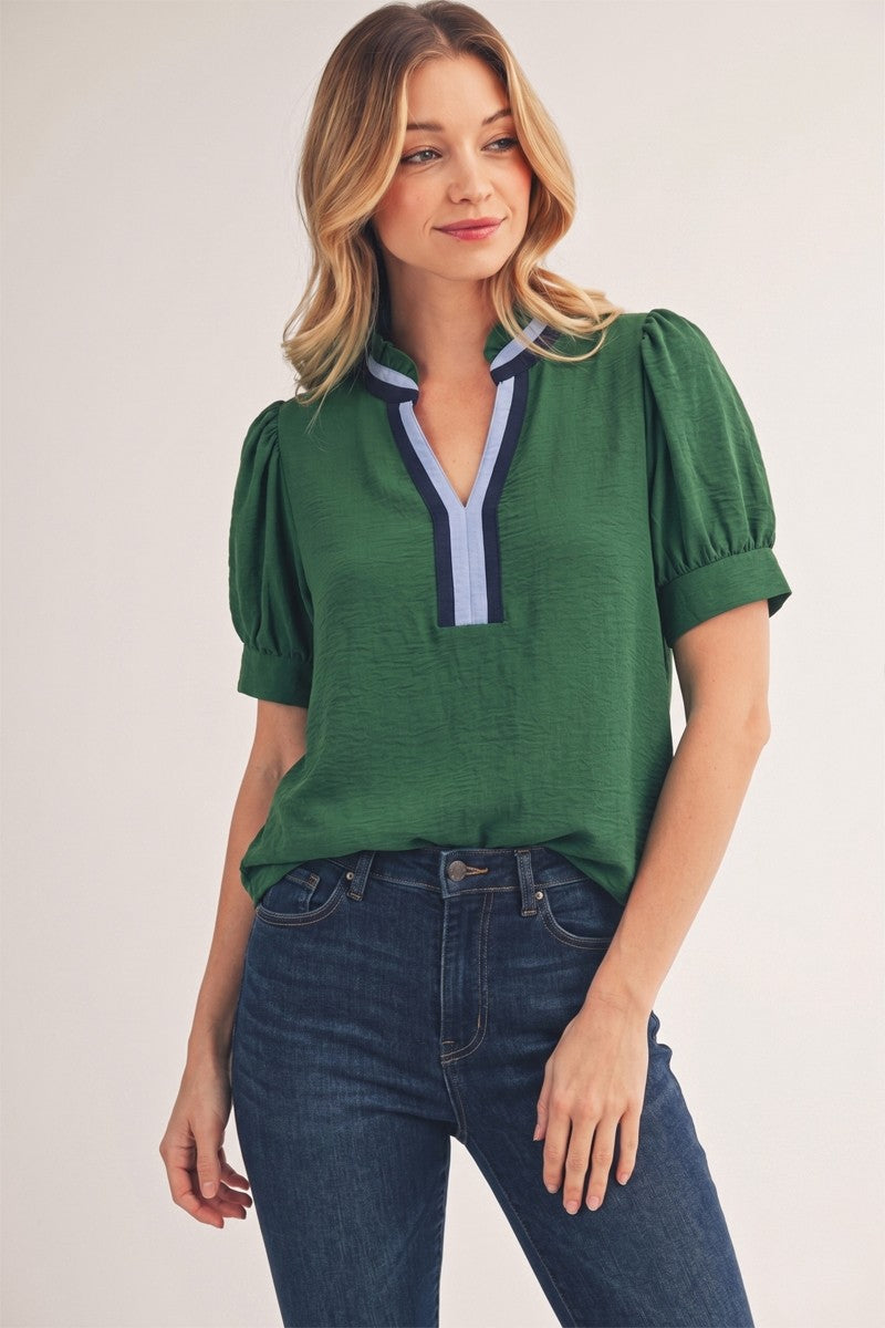 V Neck Contrast Detail Top Green
