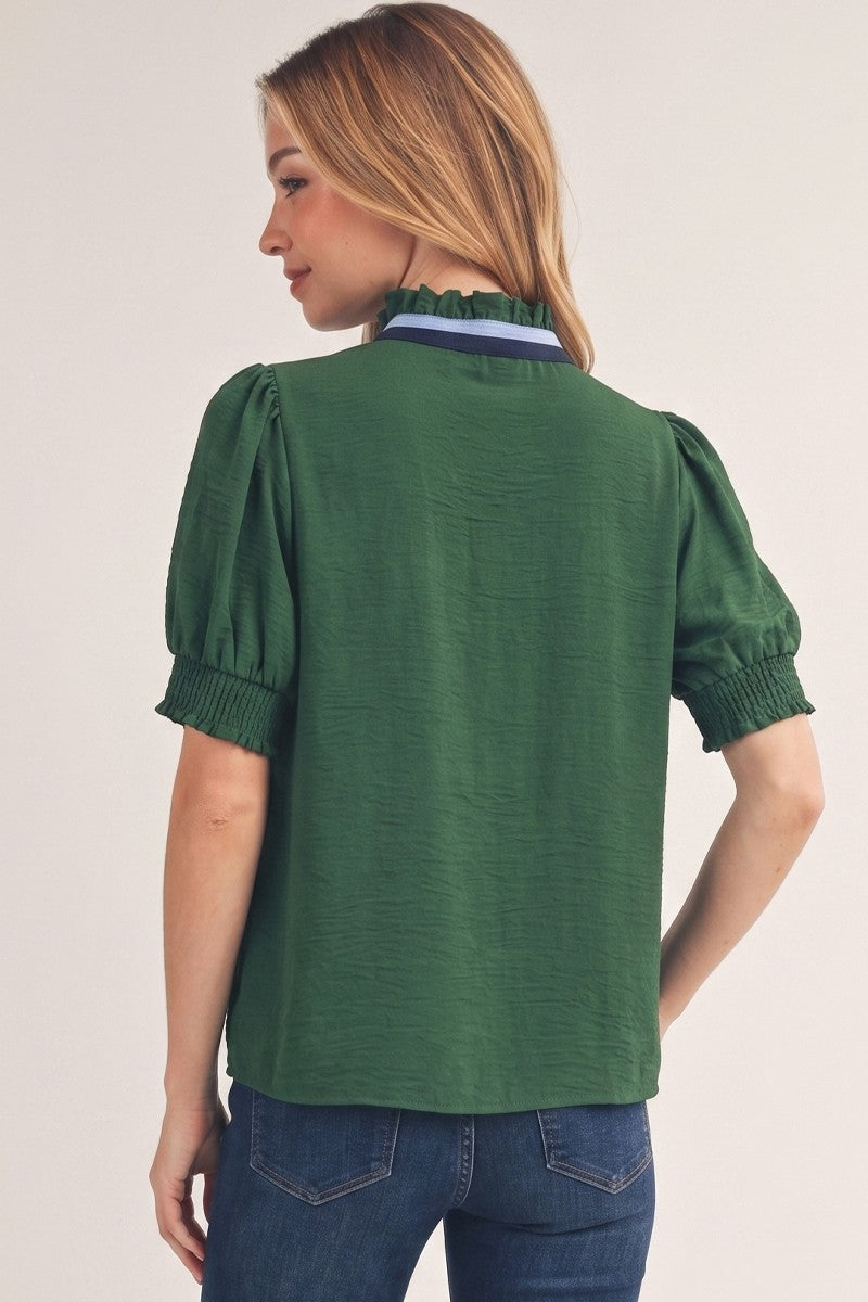V Neck Contrast Detail Top Green