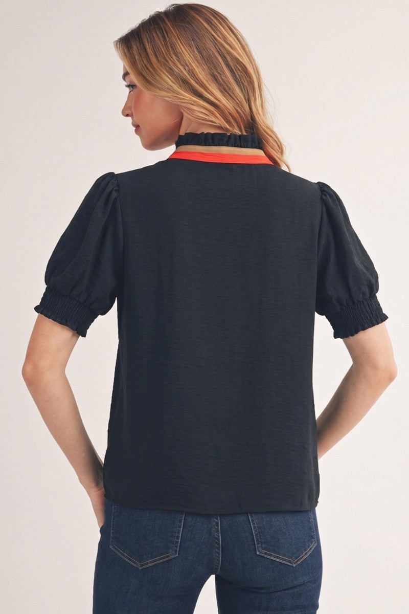 V Neck Contrast Detail Top Black