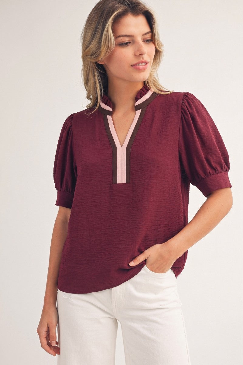 Ruffled Neckline Solid Crinkle Top