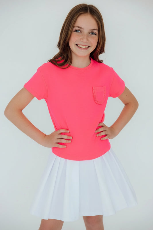 Girls Neon Pink Ruffle Pocket Tee