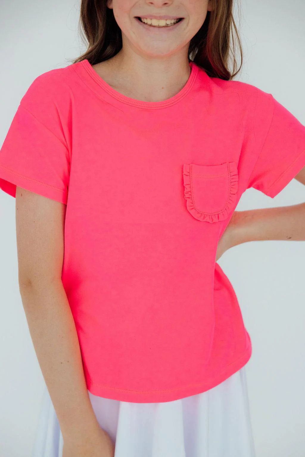 Girls Neon Pink Ruffle Pocket Tee