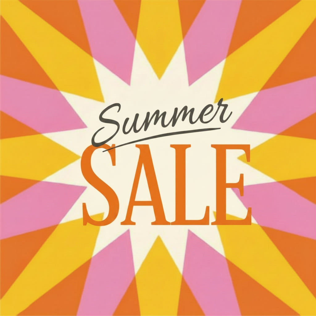 A retro-style summer sale graphic with a starburst background in orange, yellow, pink, and cream, with the words 'Summer SALE' centered in stylized text.