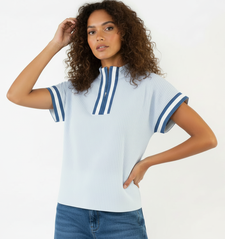 THML Striped Half Zip Top Blue