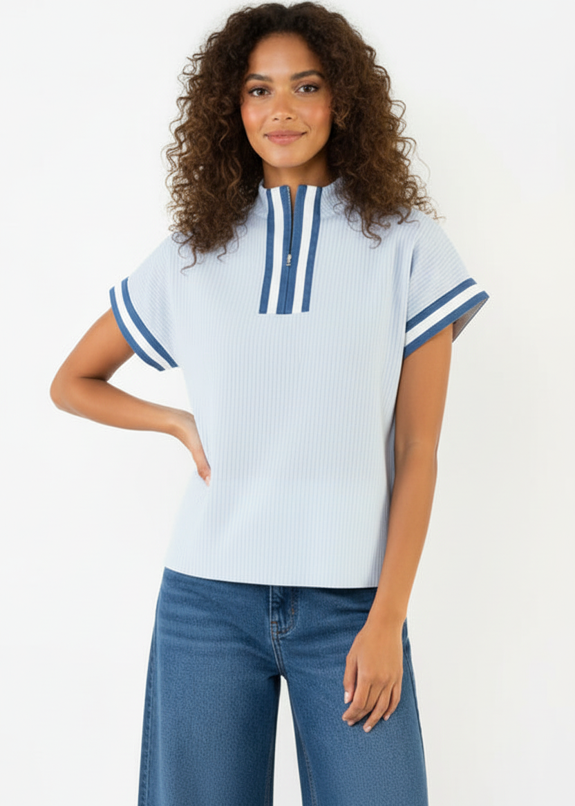 THML Striped Half Zip Top Blue