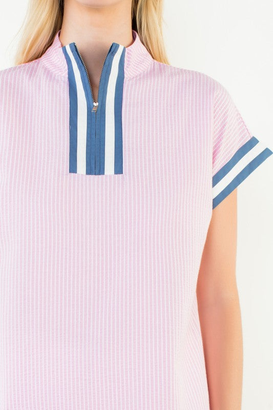 THML Striped Half Zip Top Pink