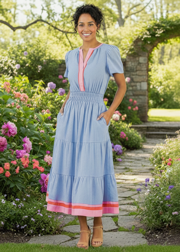 Woman in a blue dress standing in a garden with flowers and a stone path.