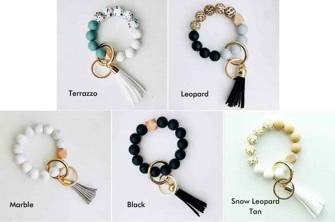 Initial S Silicone Beaded Bracelet With Key Ring - Stretchy Wristlet Keychain For Hands-Free Carry
