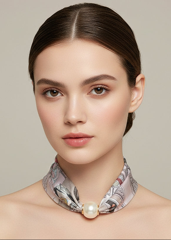 Silky Print Scarf Necklace with Magnetic Pearl Clasp