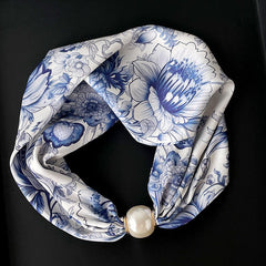 Silky Print Scarf Necklace with Magnetic Pearl Clasp