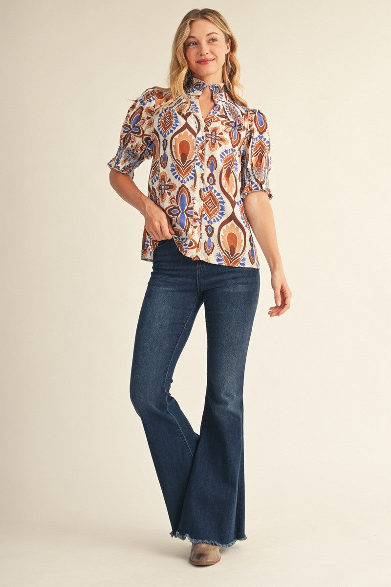 Smocked V Neck Boho Top