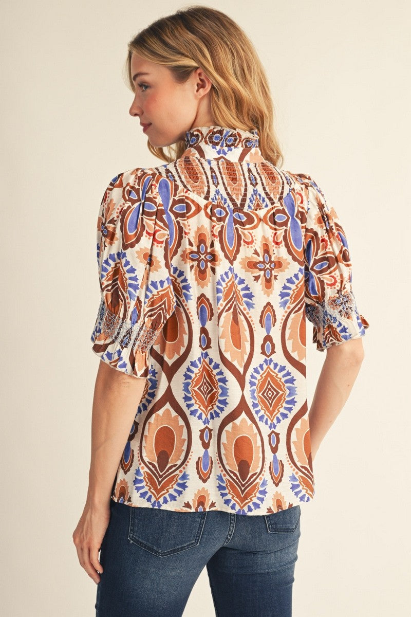 Smocked V Neck Boho Top