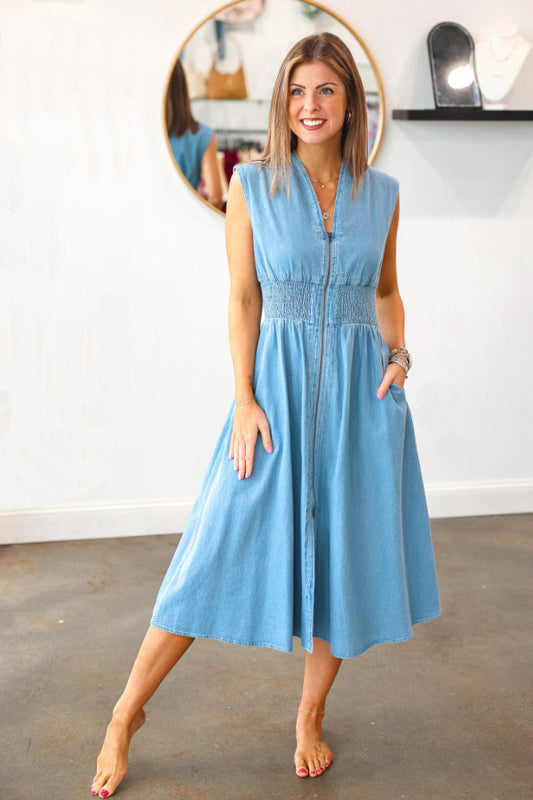Denim Smocked Waist Midi Dress