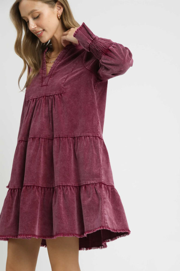 Stone Washed V-Neck Dress Wine