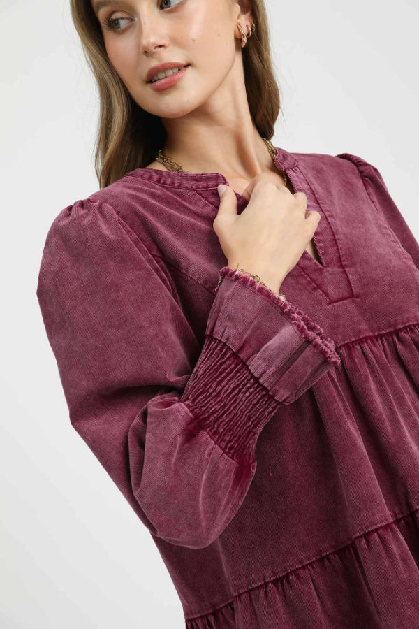 Stone Washed V-Neck Dress Wine