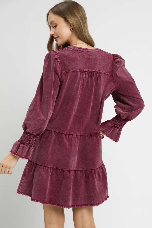 Stone Washed V-Neck Dress Wine