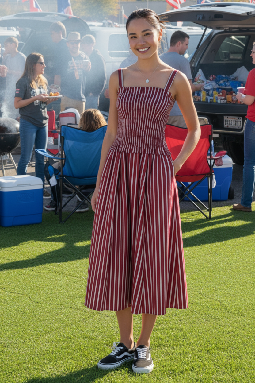A woman stands outdoors at a casual outdoor event wearing a sleeveless red and white vertically striped midi dress with a smocked bodice and wide legs, paired with black and white sneakers.