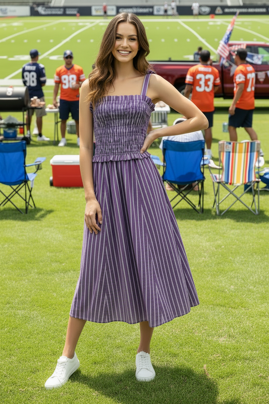 A woman stands on a grassy football field wearing a purple and white vertically striped midi dress with a smocked bodice and white sneakers. In the background, people in orange jerseys, folding chairs, and coolers are visible on the field.