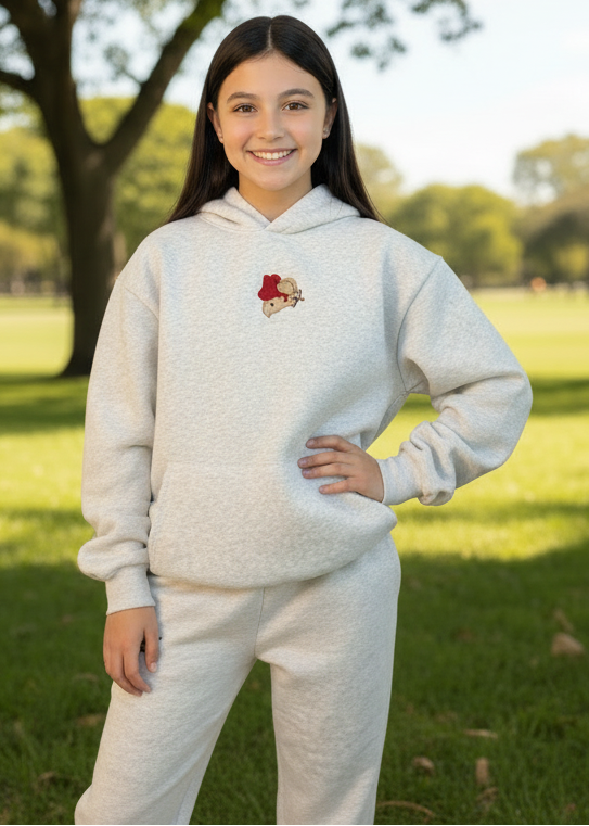 Person wearing a light gray hoodie and pants set with red floral designs against a white curtain background