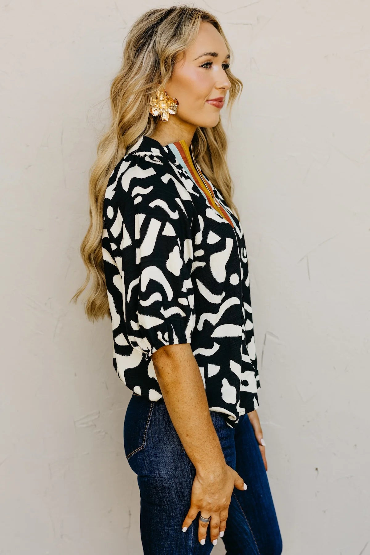 THML Elly Quarter Zip Print Top
