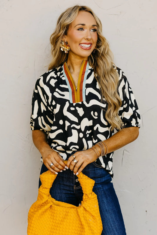 THML Elly Quarter Zip Print Top