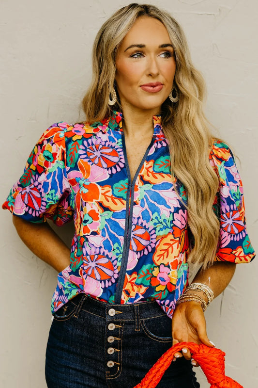 Autumn Floral Split Neck Top