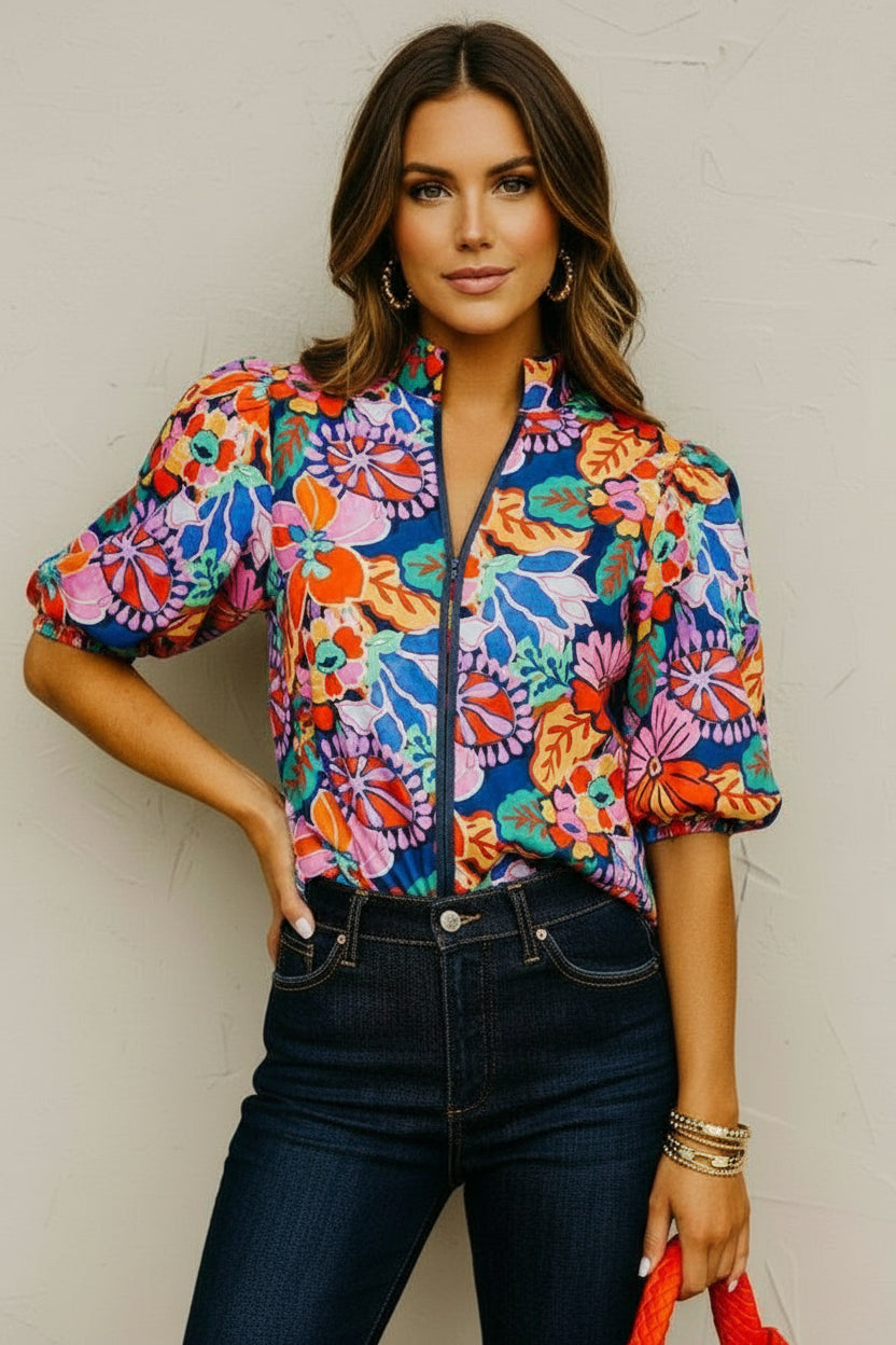THML Autumn Floral Split Neck Top