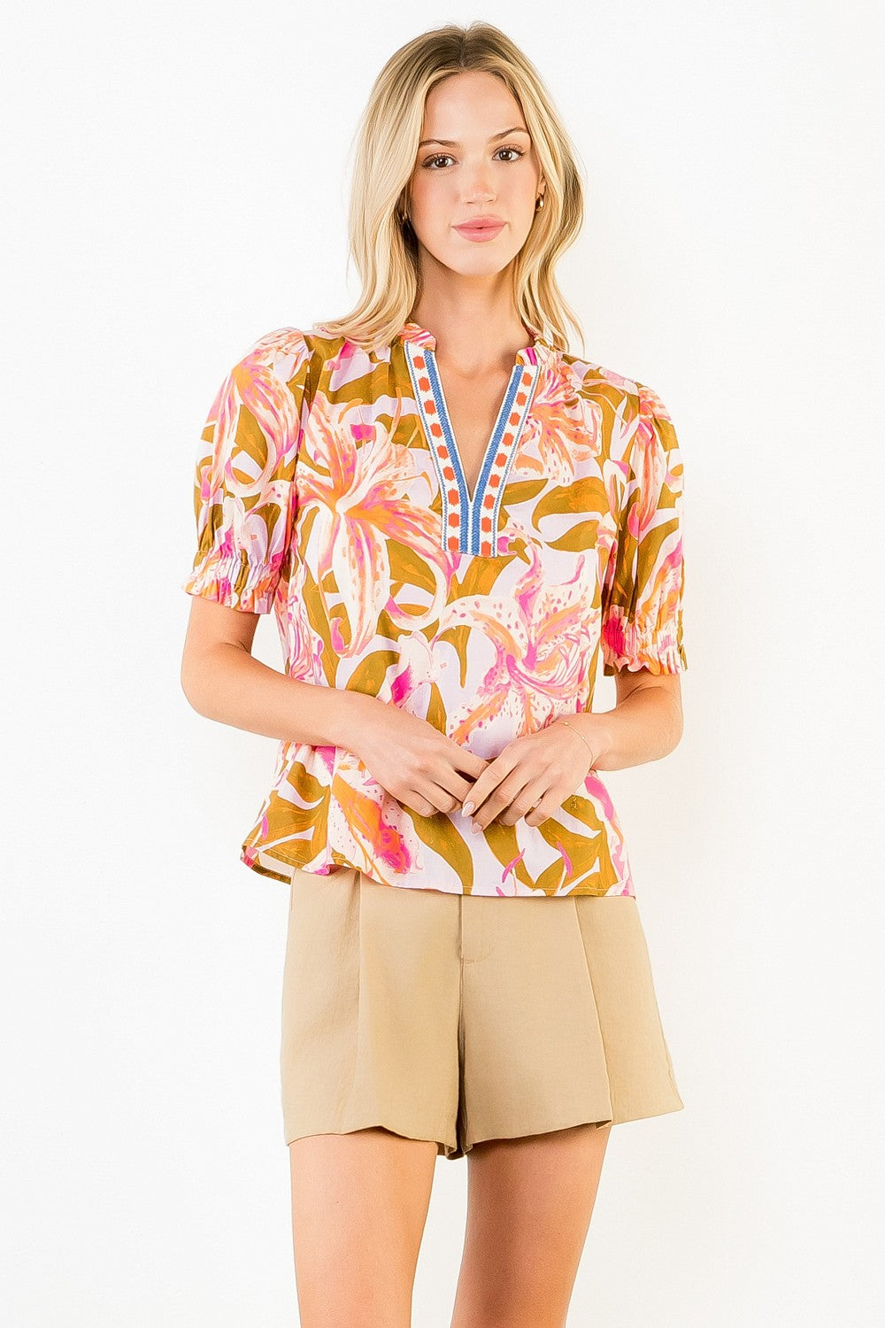 THML Ruffled Sleeve Floral V-neck Top