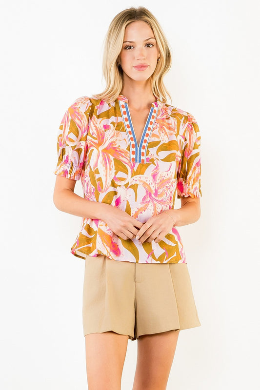 THML Ruffled Sleeve Floral V-neck Top