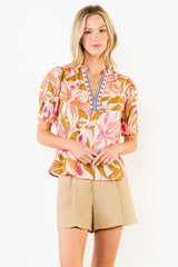 THML Ruffled Sleeve Floral V-neck Top