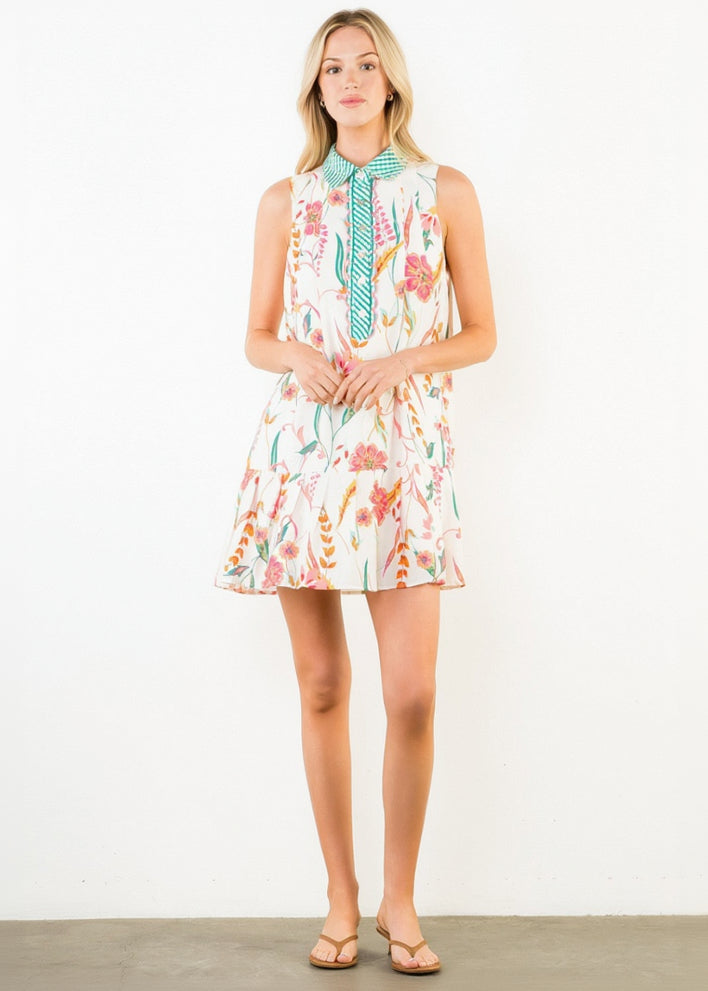 THML Gingham Collared Floral Dress