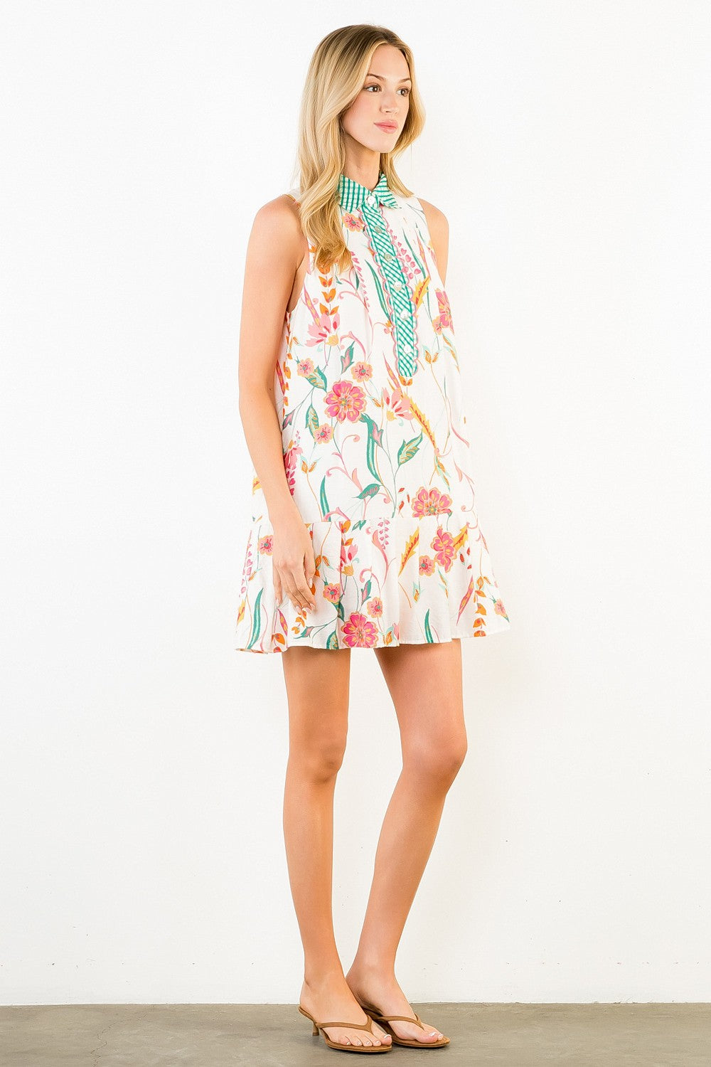 THML Gingham Collared Floral Dress