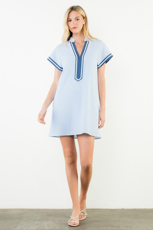 THML Striped Half Zip Dress Blue