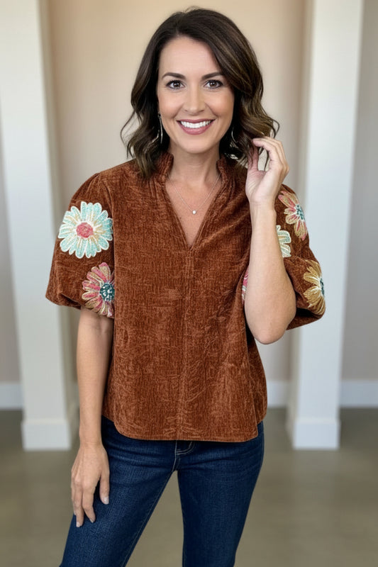 THML Velvet Fall Floral Embroidered Top
