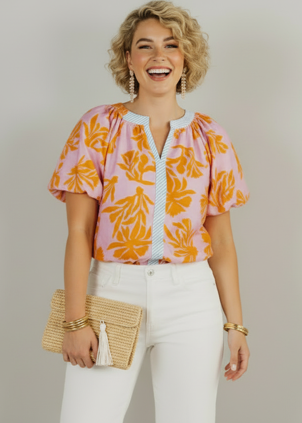 THML Floral V Neck Contrast Top