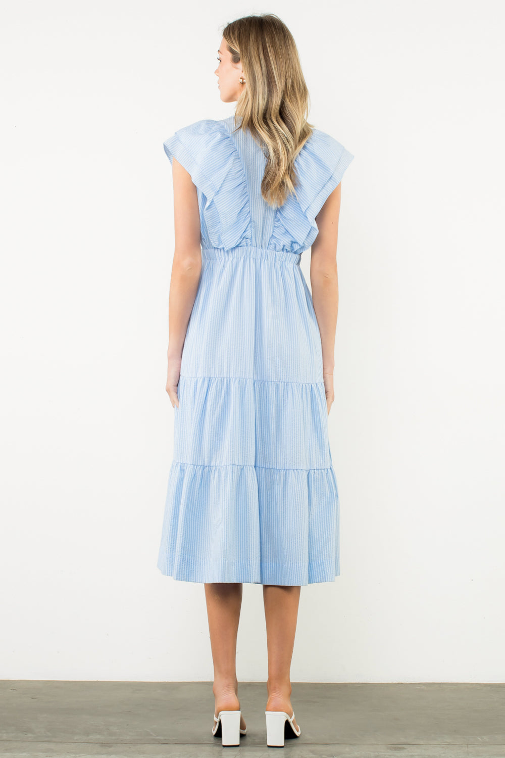 Seersucker Flutter Sleeve Midi Dress