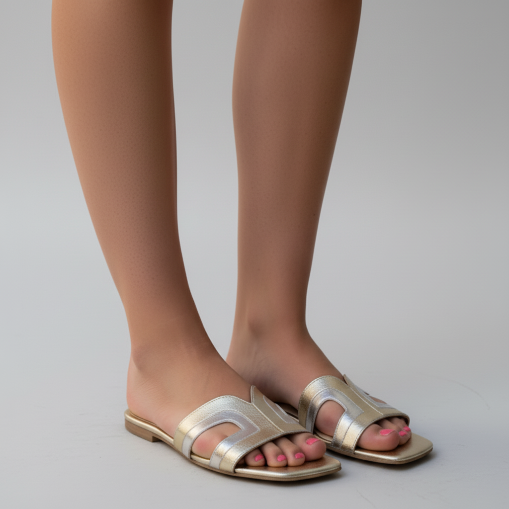 Gold sandals worn with white pants on a neutral background