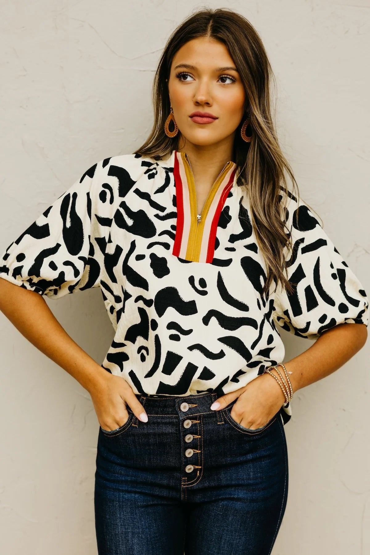 THML Ebby Quarter Zip Print Top