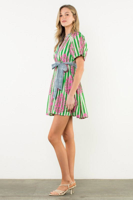 Tie Waist Mixed Media Dress