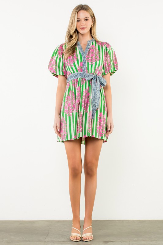 Tie Waist Mixed Media Dress