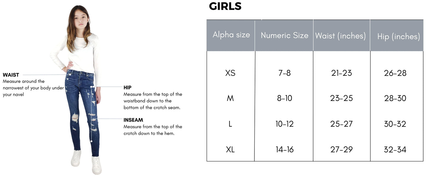 Girls' clothing size chart with measurements for waist, hips, and inseam.