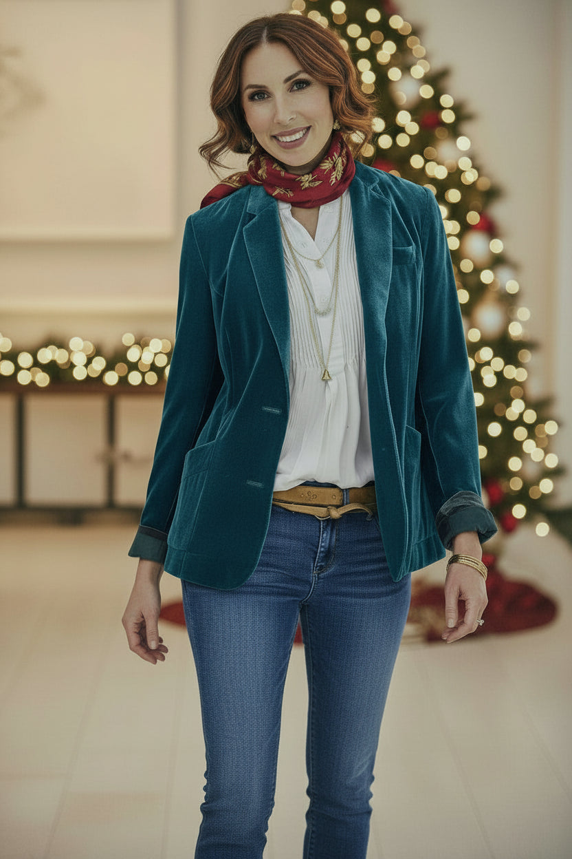 Velvet Collared Button Up Blazer